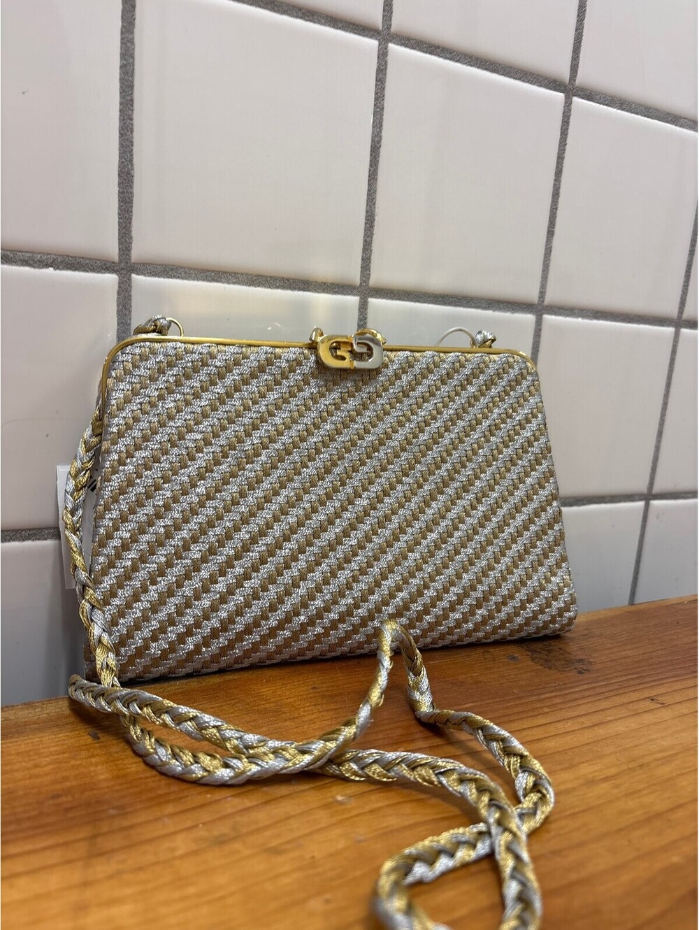 Vintage 1970s Gucci Woven Metallic Evening Clutch Bag with Chain Strap
